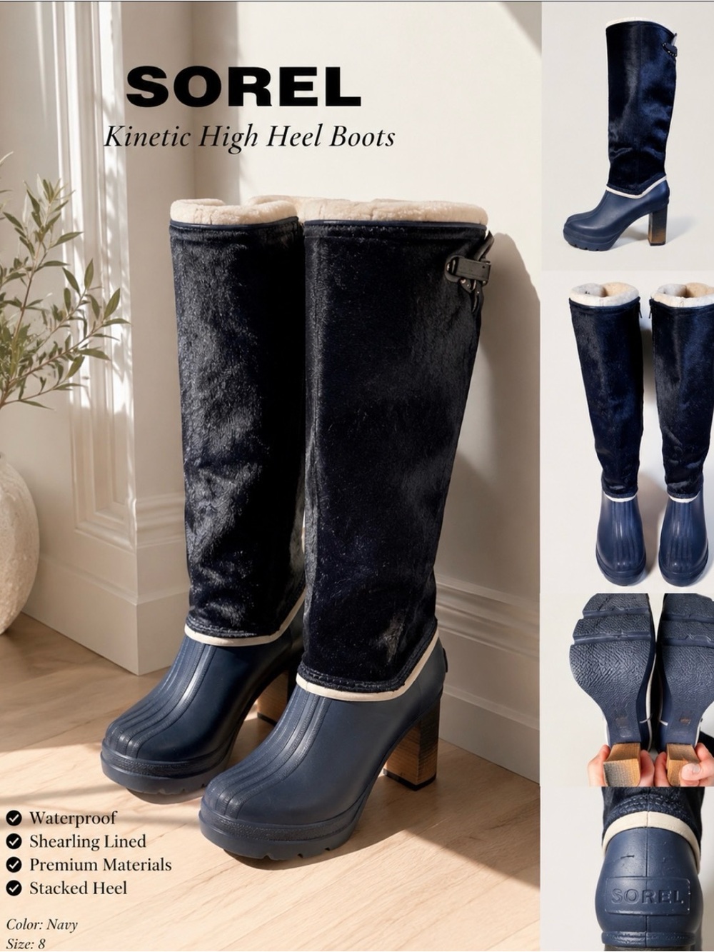 Sorel Black Suede-Look Heeled Rain Boots with Cream Trim